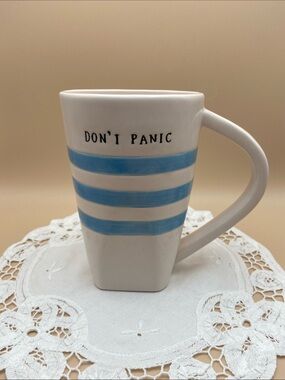 M Magenta Exclusive STAMP Rae Dunn DON'T PANIC Blue Striped Coffee Mug Vintage